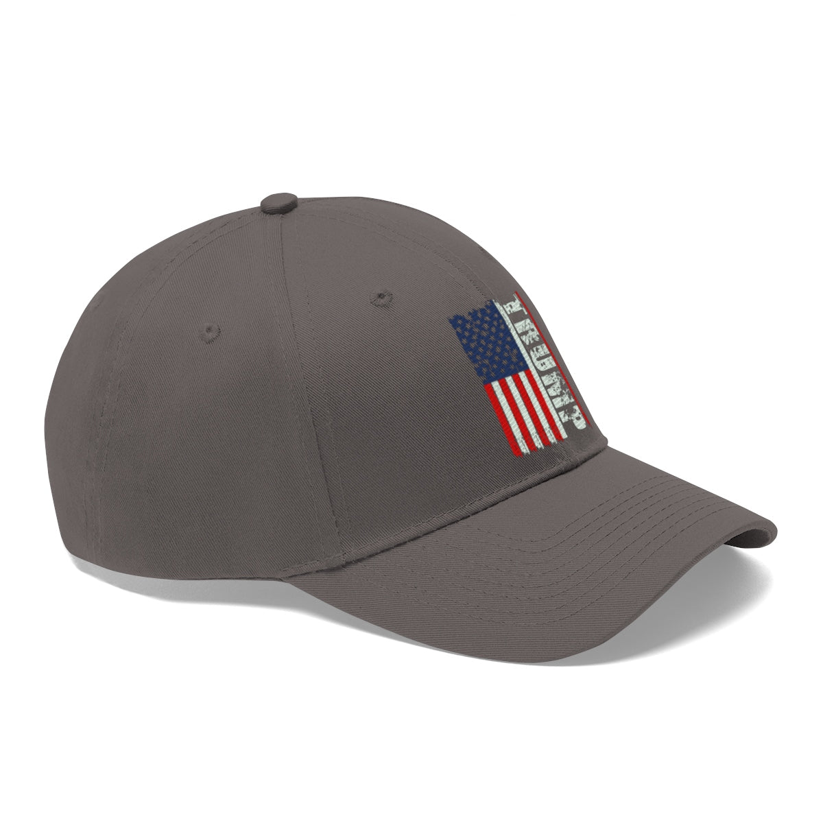 Trump On Verticle Distressed American Flag Twill Cap showcasing a unique American flag design on a gray baseball cap.