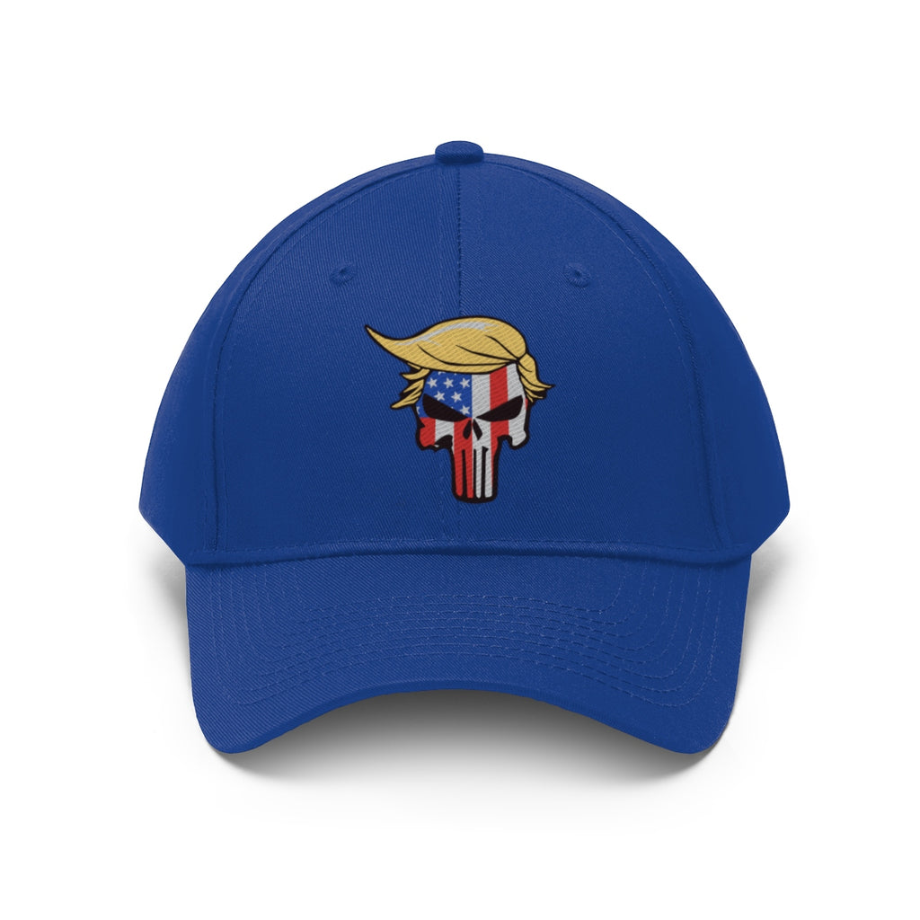 Classic Punisher Twill Cap with Trump Design featuring an emblem on a blue background.