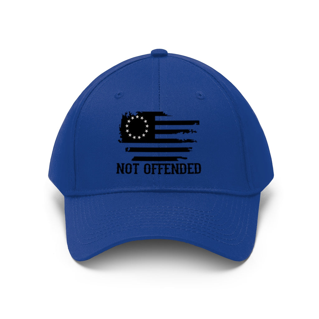 Embroidered Not Offended Casual Twill Hat featuring a flag graphic and bold text on a blue cap.