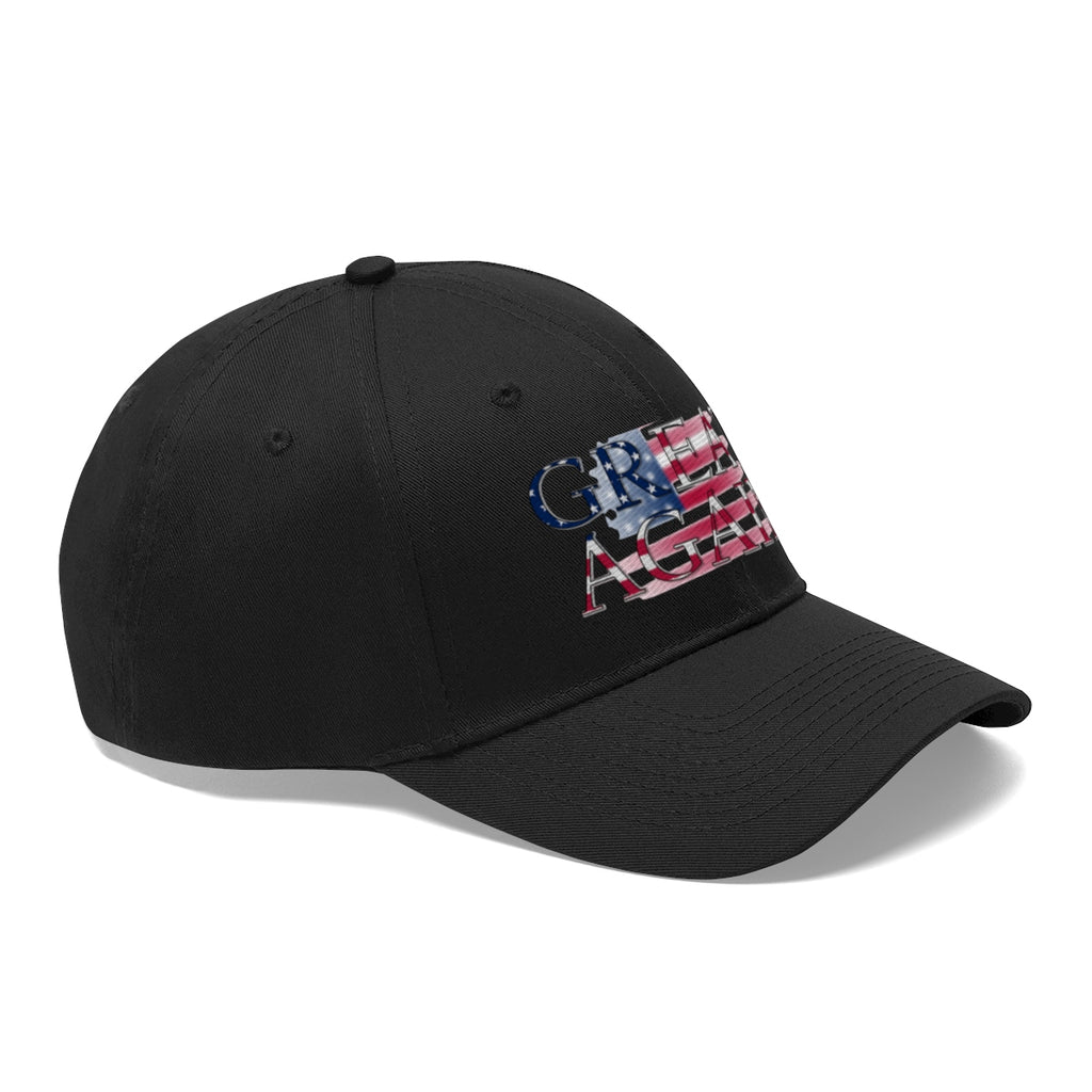 Great Again On Faded American Flag Twill Cap featuring an American flag design on a black background.