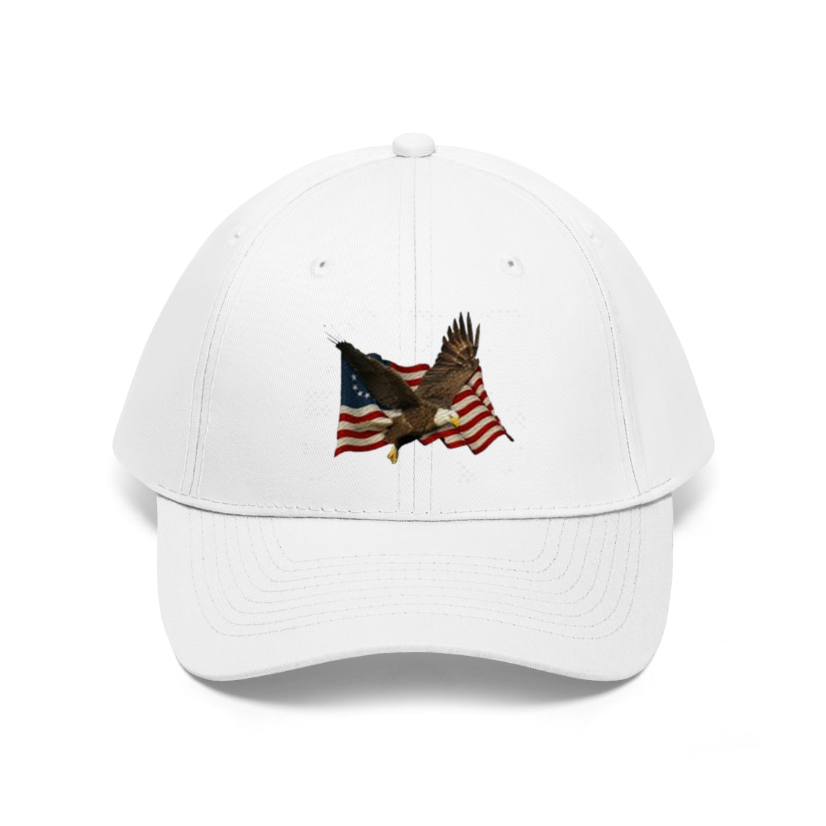 Eagle On American Flag Twill Cap featuring embroidered bald eagle soaring over the American flag.