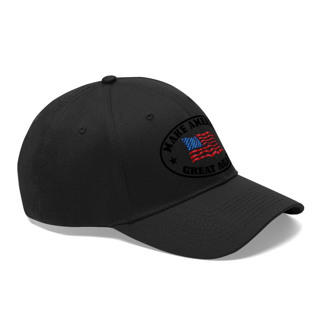 Make America Great Again US Flag Twill Cap featuring a stylish black design and embroidered US flag.