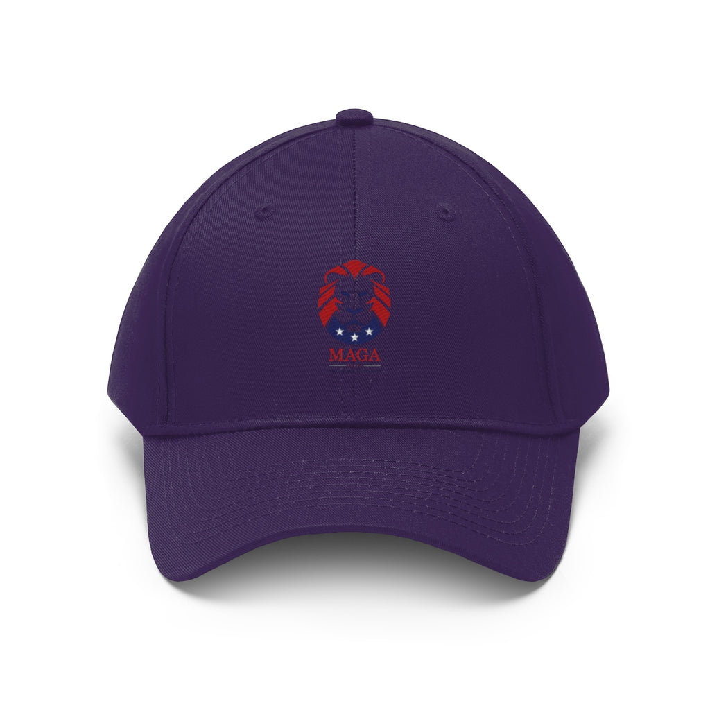 MAGA Lion Embroidered Cotton Twill Cap Design in purple with lion emblem