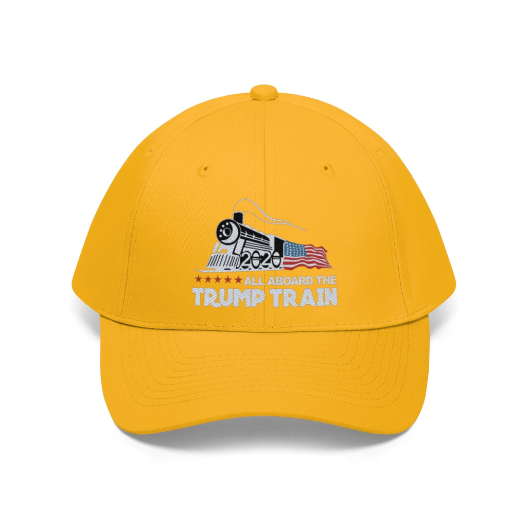 All Aboard The Trump Train 2020 Twill Cap featuring a vibrant yellow color and unique train design.