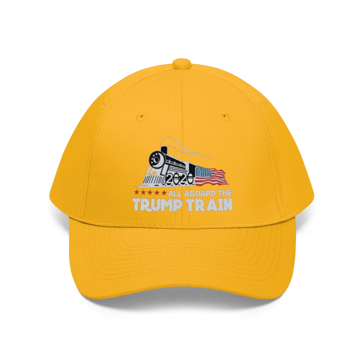 All Aboard The Trump Train 2020 Twill Cap featuring a vibrant yellow color and unique train design.