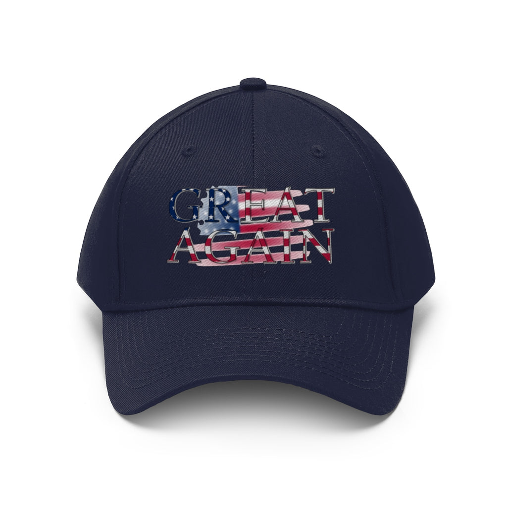 Great Again On Faded American Flag Twill Cap featuring a classic red, white, and blue design on a navy cap.