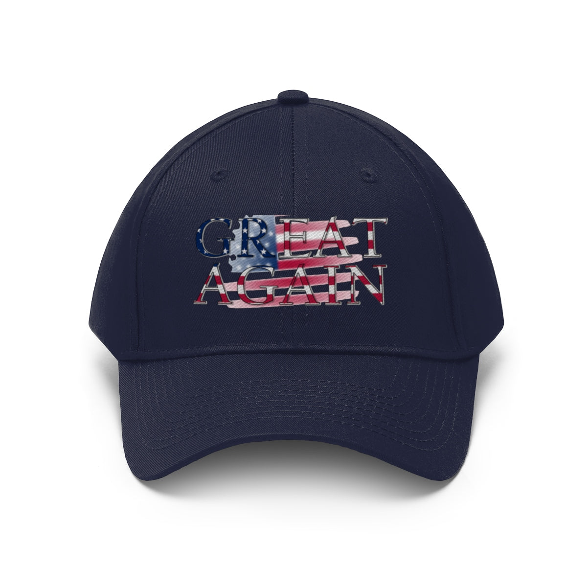 Great Again On Faded American Flag Twill Cap featuring a classic red, white, and blue design on a navy cap.