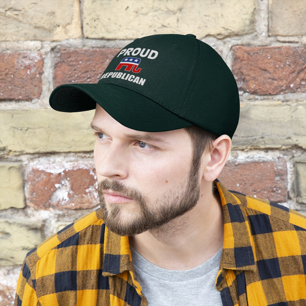 Man wearing Classic Proud Republican Twill Baseball Cap with dark background.