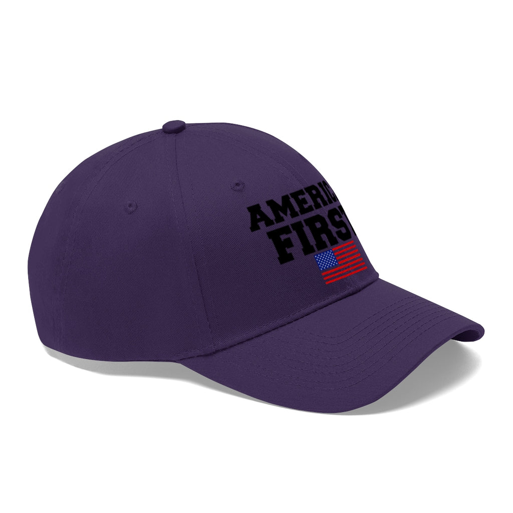 America First Patriotic Twill Cap in purple with bold lettering and American flag design.