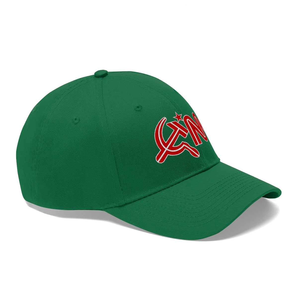 CNN With Hammer And Sickle Twill Cap featuring a red logo on a green cap, symbolizing political satire.
