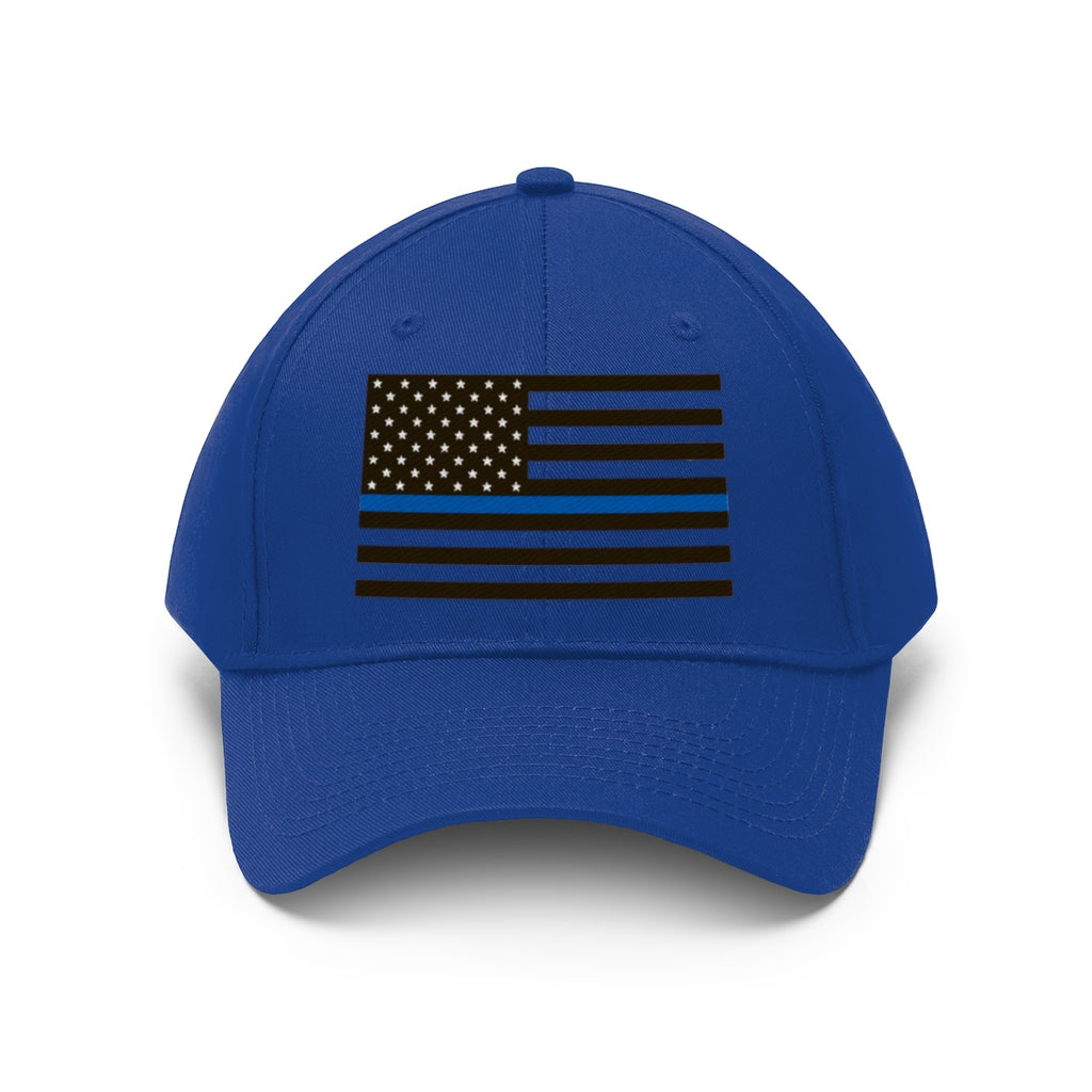 Thin Blue Line American Flag Twill Cap featuring a blue base and flag design on the front.