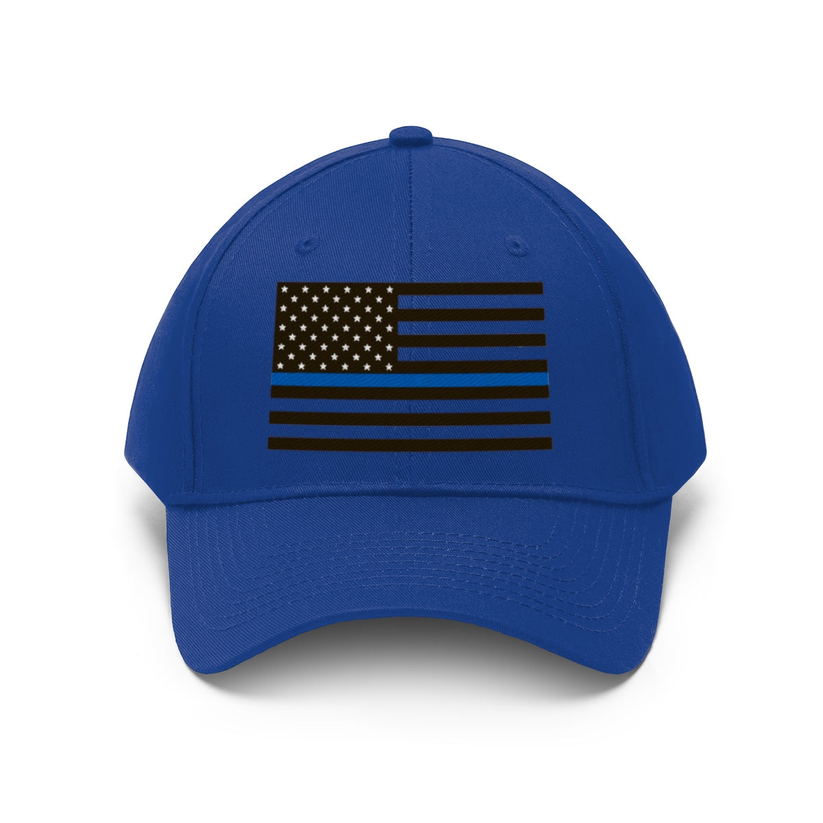 Thin Blue Line American Flag Twill Cap featuring a blue base and flag design on the front.