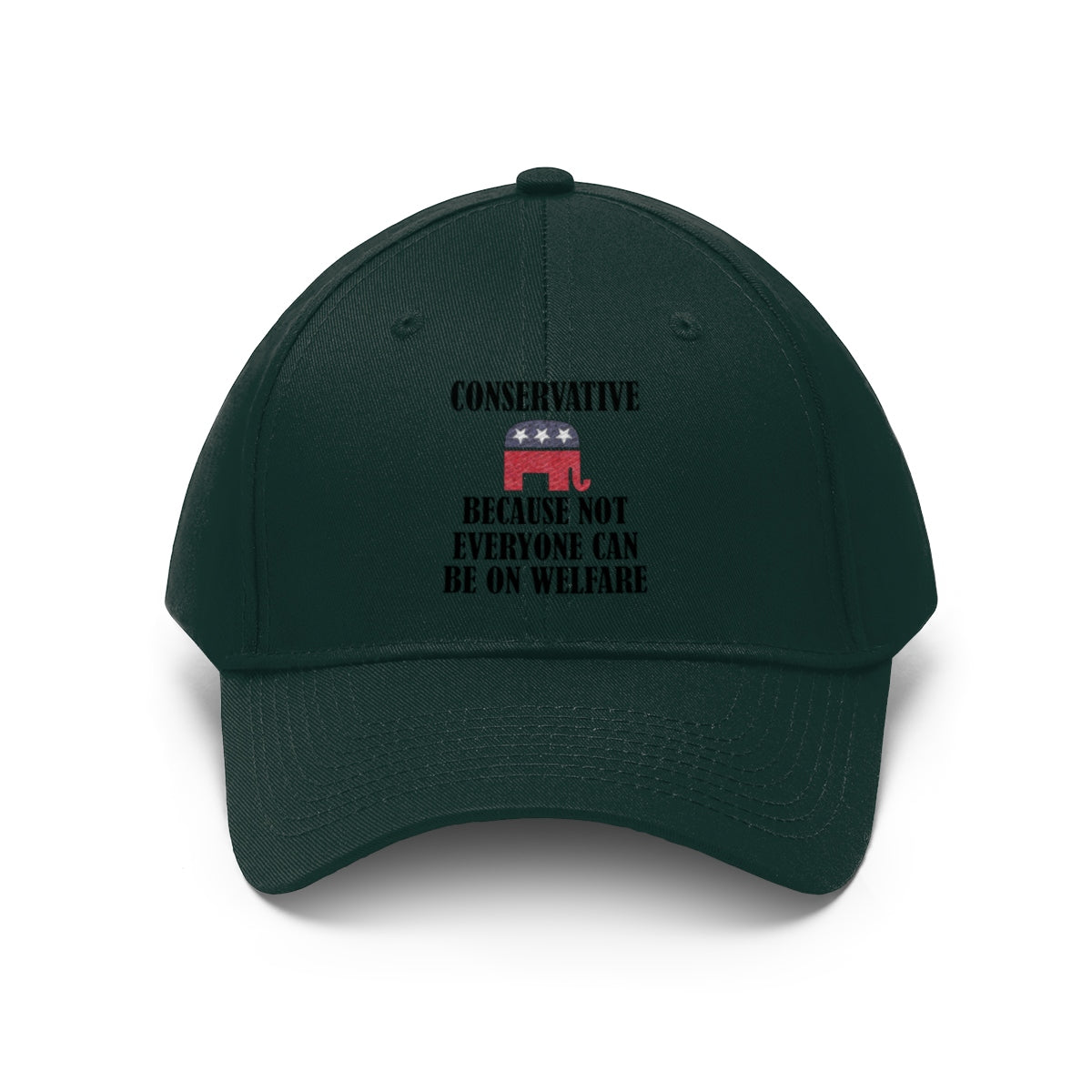 Conservative Values Twill Cap Design featuring a statement on conservative beliefs and a graphic of the Republican elephant.