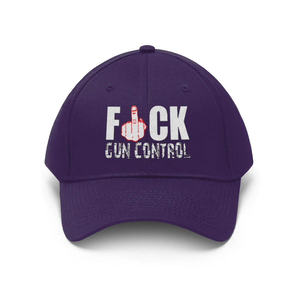 Fuck Gun Control Red Finger Twill Baseball Cap featuring bold lettering and a hand gesture on a stylish purple cap.
