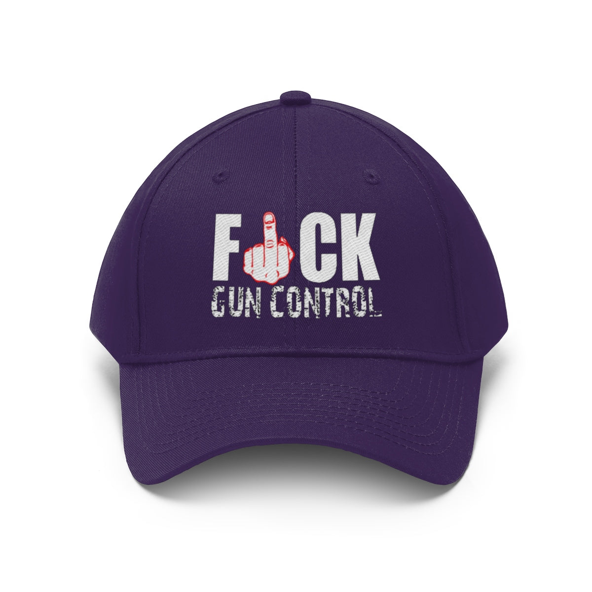 Fuck Gun Control Red Finger Twill Baseball Cap featuring bold lettering and a hand gesture on a stylish purple cap.