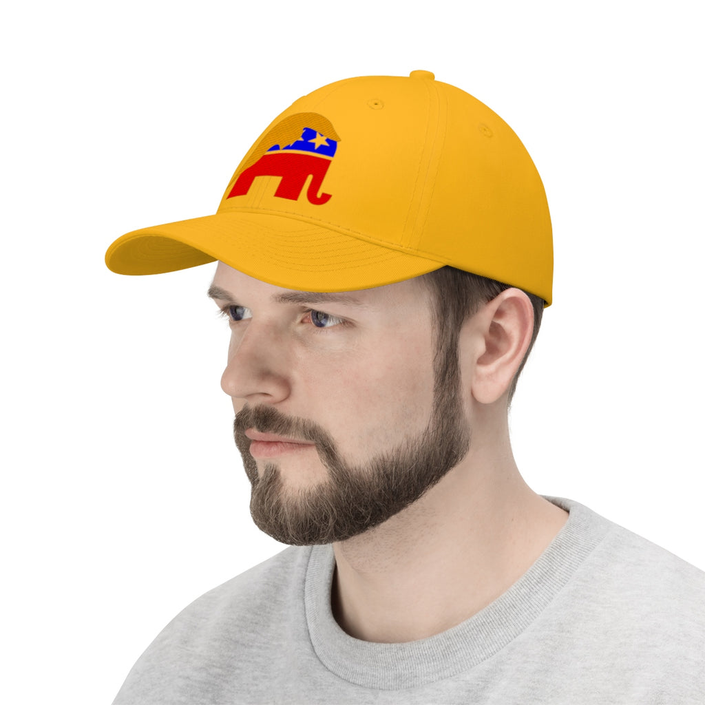 GOP Symbol With Trump Hair Twill Cap worn by a man, showcasing bold Republican colors and design.