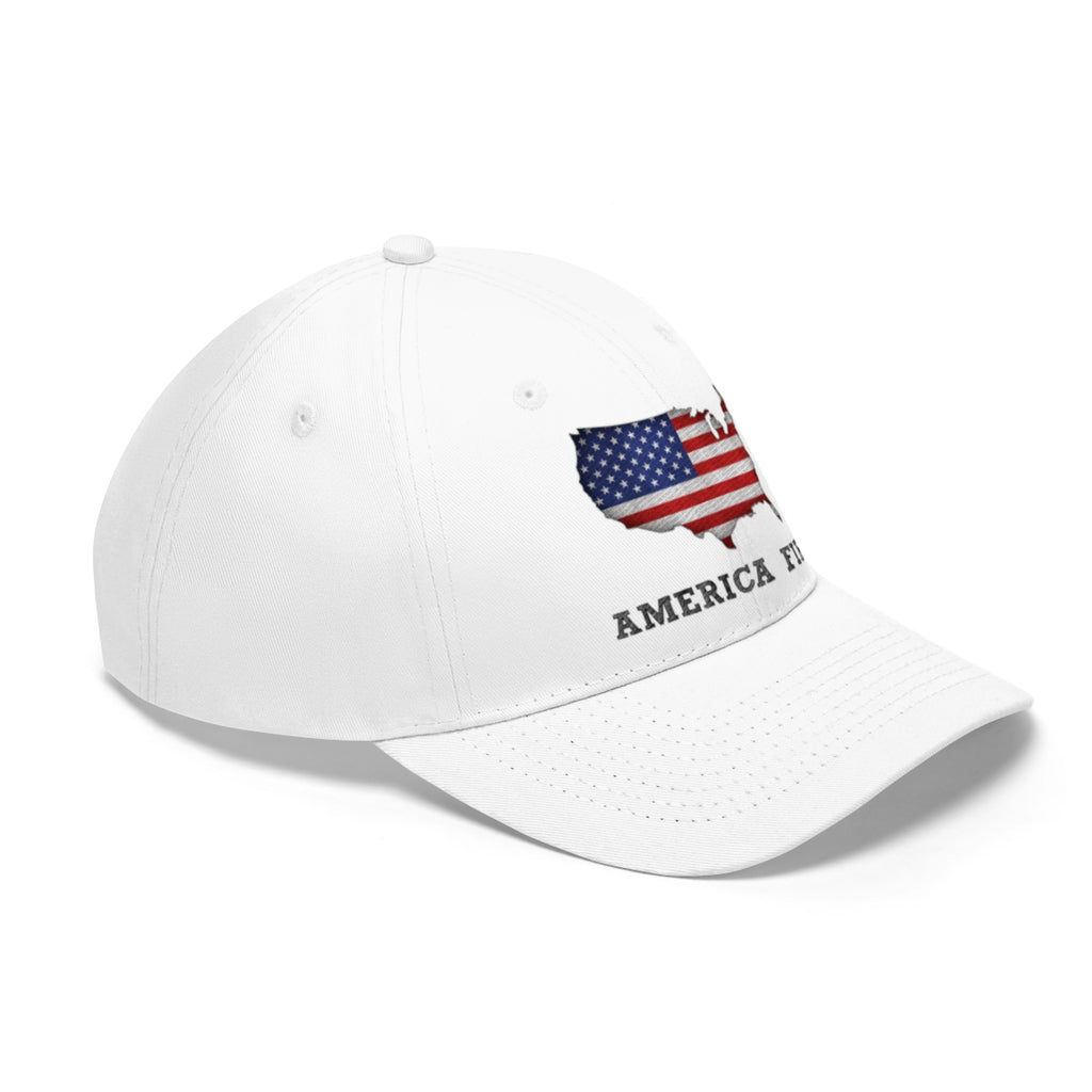 America First With American Flag Twill Cap showcasing patriotic design on white background.