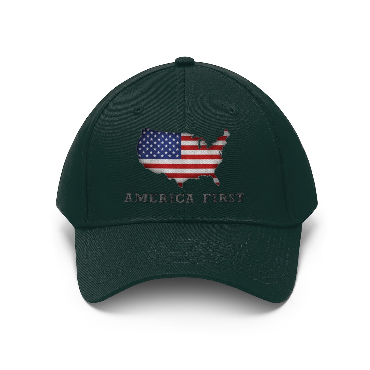 America First Twill Cap Bold USA Pride Casual Cap featuring a U.S. flag design on a dark green background.
