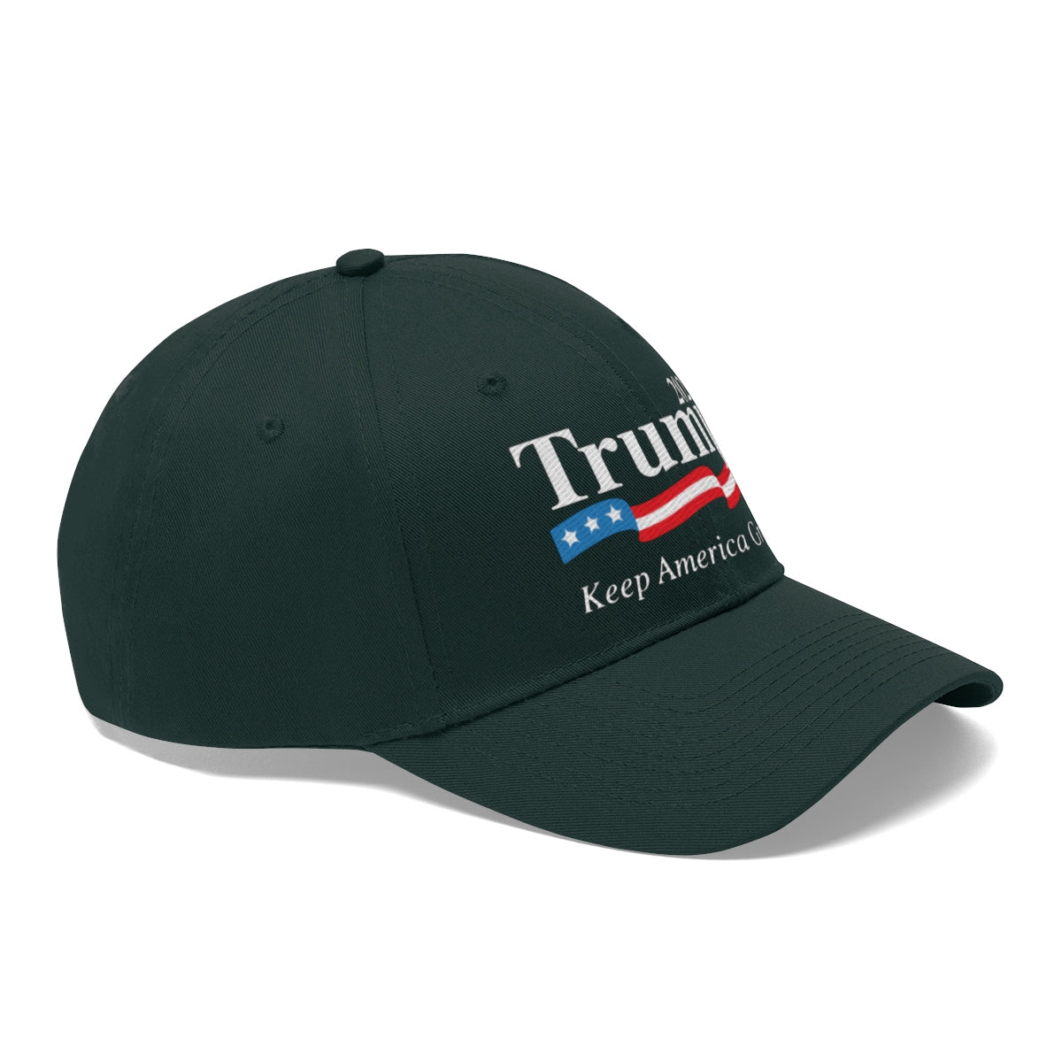 Trump 2020 Keep America Great Twill Cap in dark color with patriotic design featuring American flag elements.