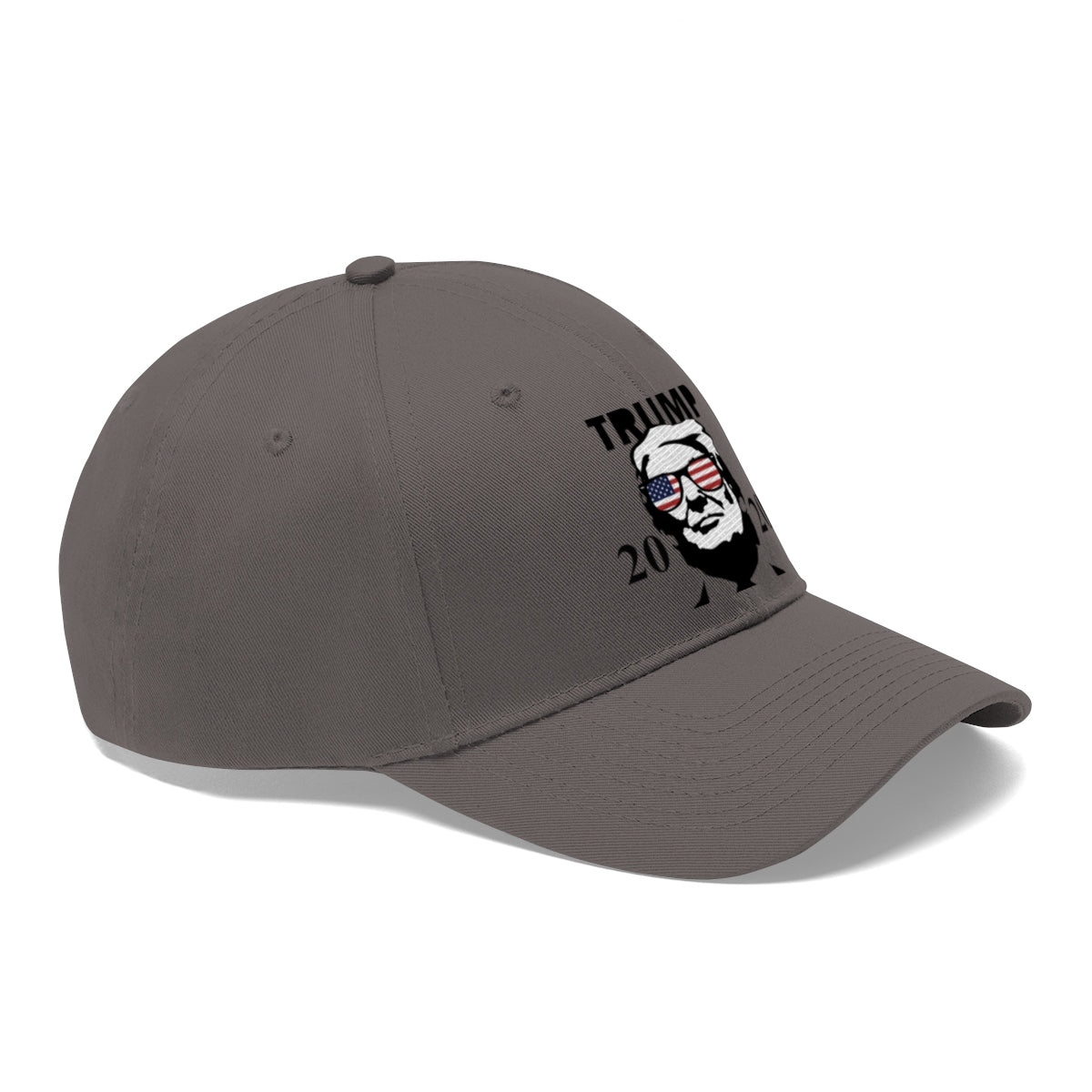 Trump 2020 With US Flag Glasses Twill Cap showcasing a bold political design on a stylish twill cap.