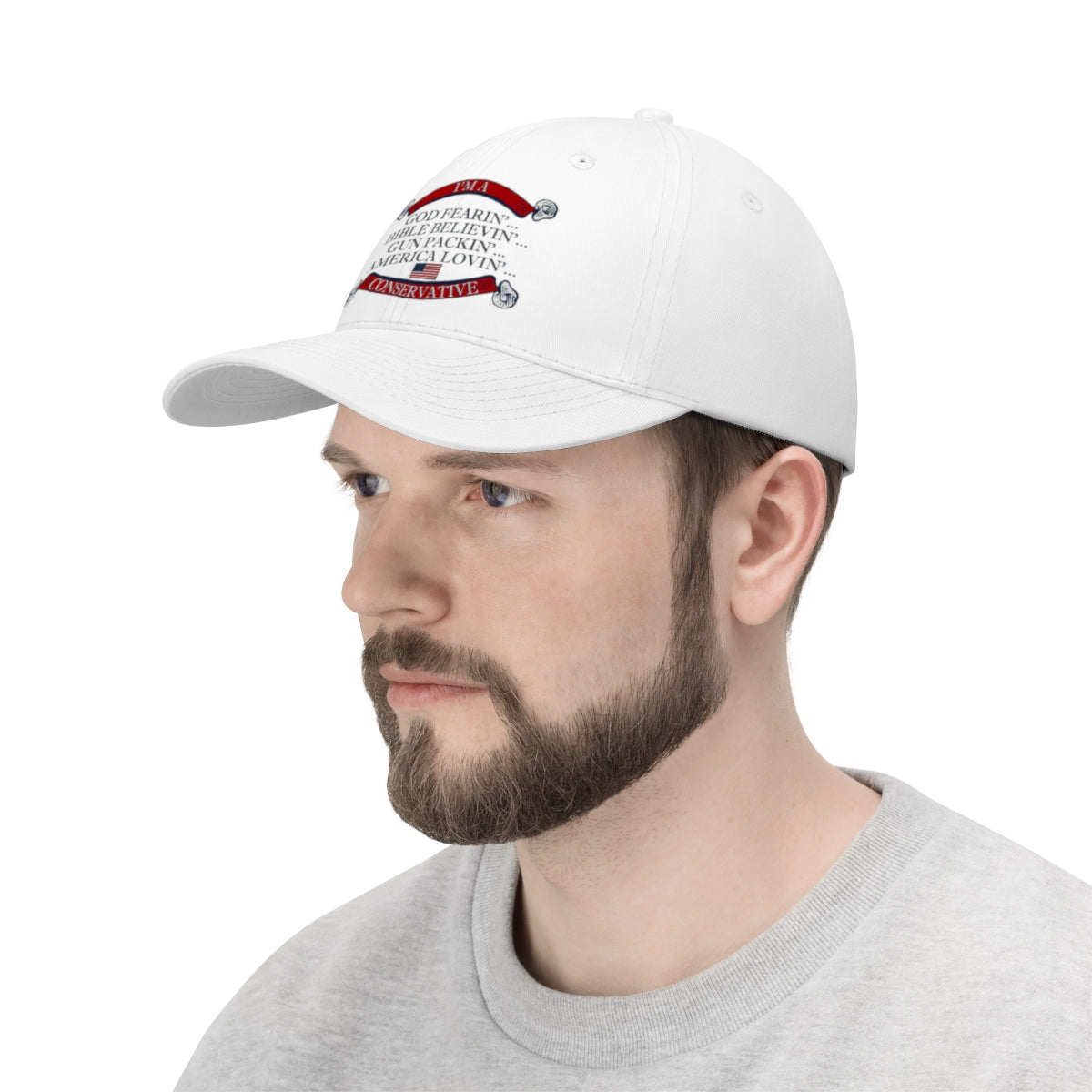 Side profile of a man wearing an America Lovin' Conservative Twill Cap showcasing a bold patriotic design.