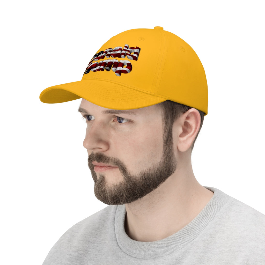 Donald Trump With American Flag Colors Twill Cap in yellow, showcasing patriotic design with red, white, and blue.