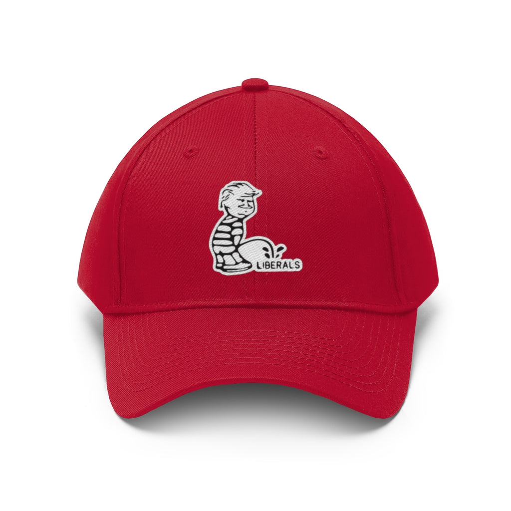 Trump USA Pride Embroidered Twill Cap in red with playful liberal-themed embroidery.