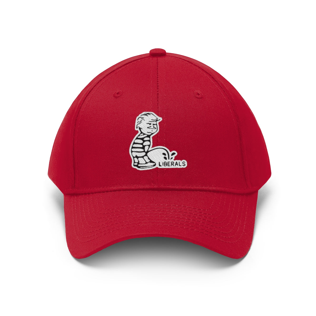 Trump USA Pride Embroidered Twill Cap in red with playful liberal-themed embroidery.