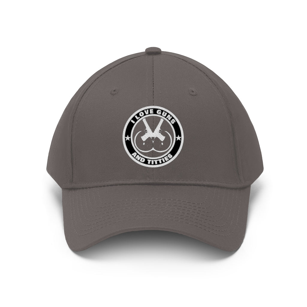 I Love Guns And Titties Twill Cap grey hat with logo featuring provocative graphic design.