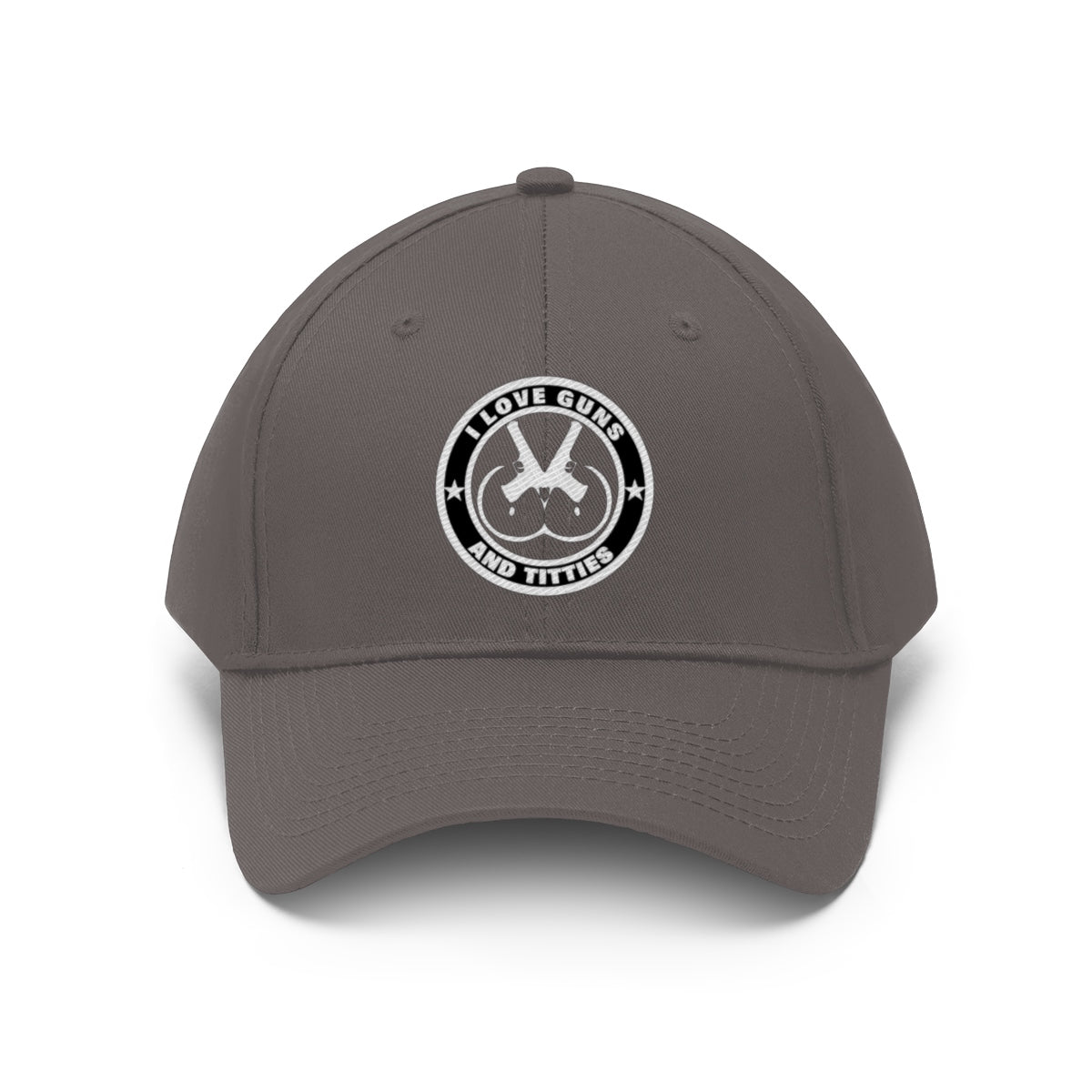 I Love Guns And Titties Twill Cap grey hat with logo featuring provocative graphic design.