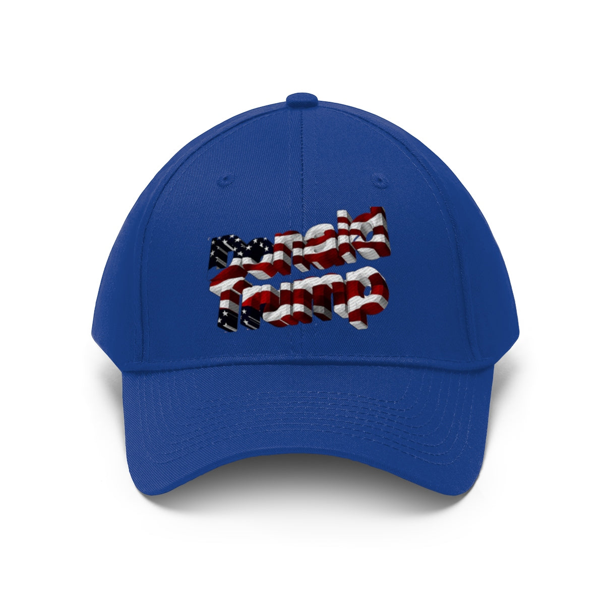 Donald Trump With American Flag Colors Twill Cap featuring red, white, and blue design on a blue baseball cap.