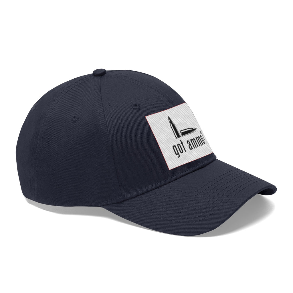 Got Ammo Twill Cap Funny Tactical Style Cap in navy blue with a bullet graphic.