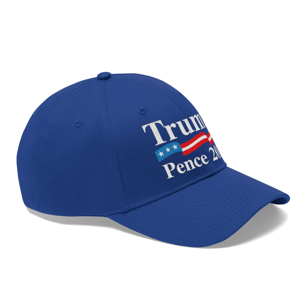 Trump Pence 2020 American Flag Twill Cap displayed on a blue baseball cap.