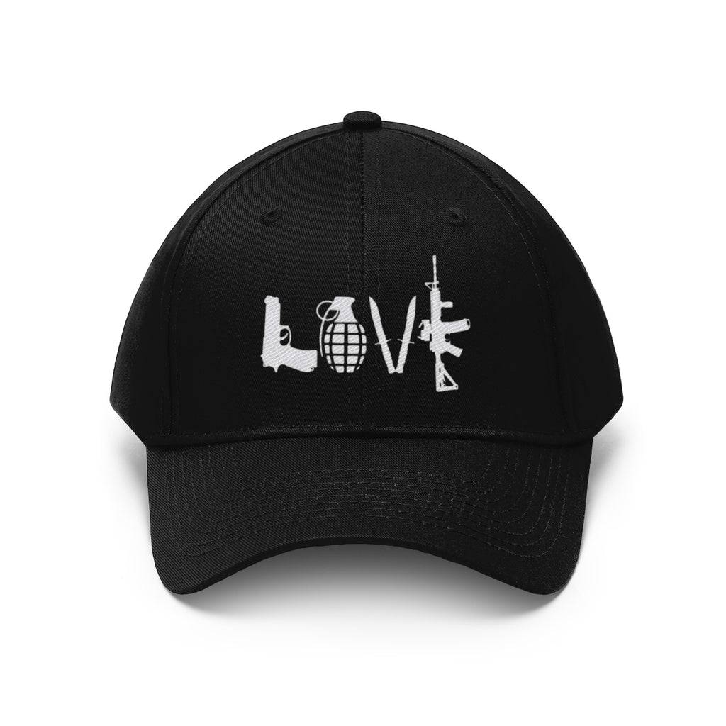 Love Combat Inspired Street Style Twill Cap featuring unique graphic design with guns and grenade.