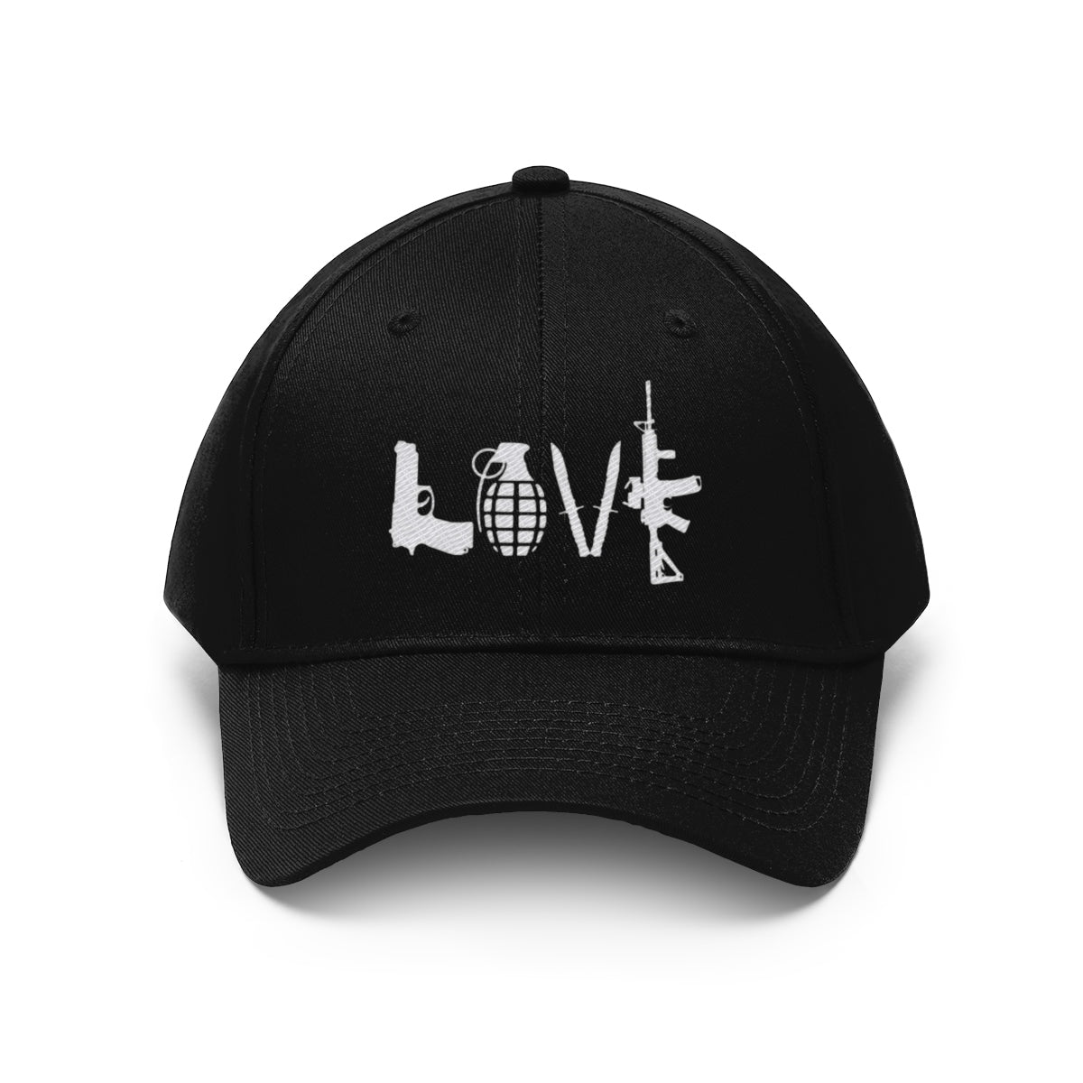 Love Combat Inspired Street Style Twill Cap featuring unique graphic design with guns and grenade.
