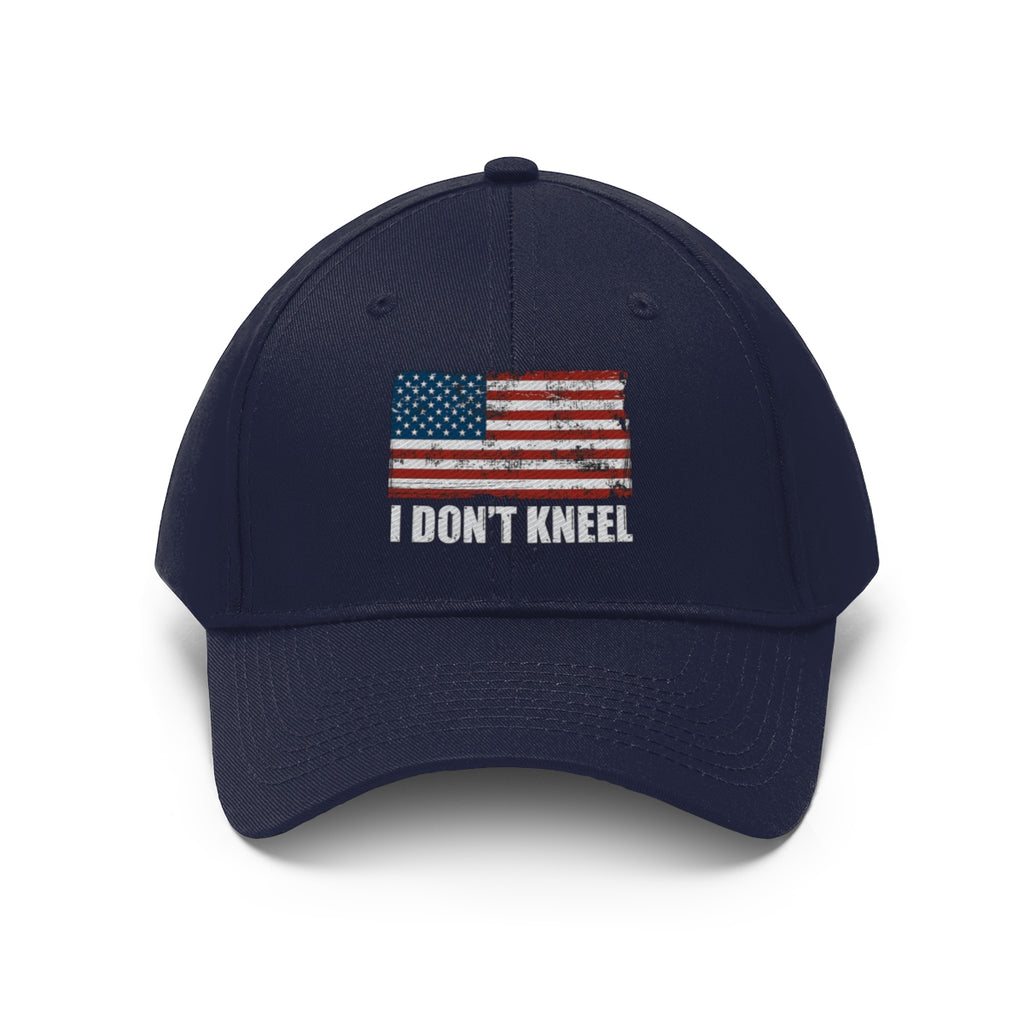 I Don't Kneel American Flag Twill Cap with distressed American flag design on navy background.