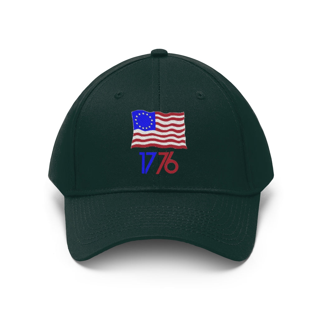 Betsy Ross Flag 1776 Twill Cap with embroidered flag and "1776" text, perfect for patriotic style enthusiasts.