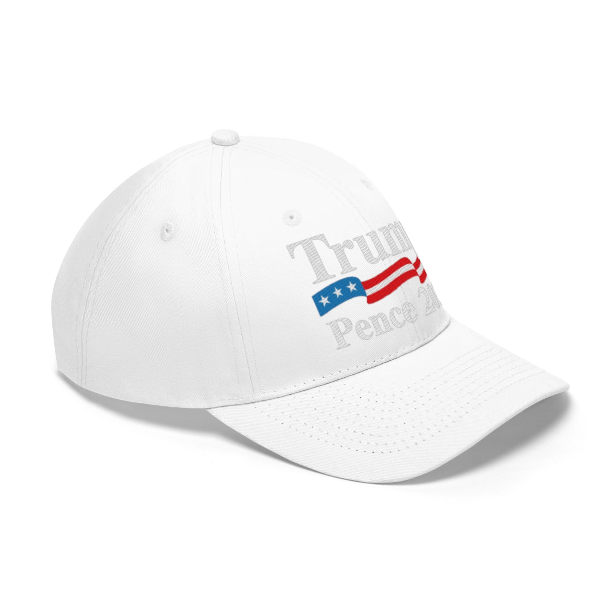Trump Pence 2020 American Flag Twill Cap featuring red and blue accents on a white base.