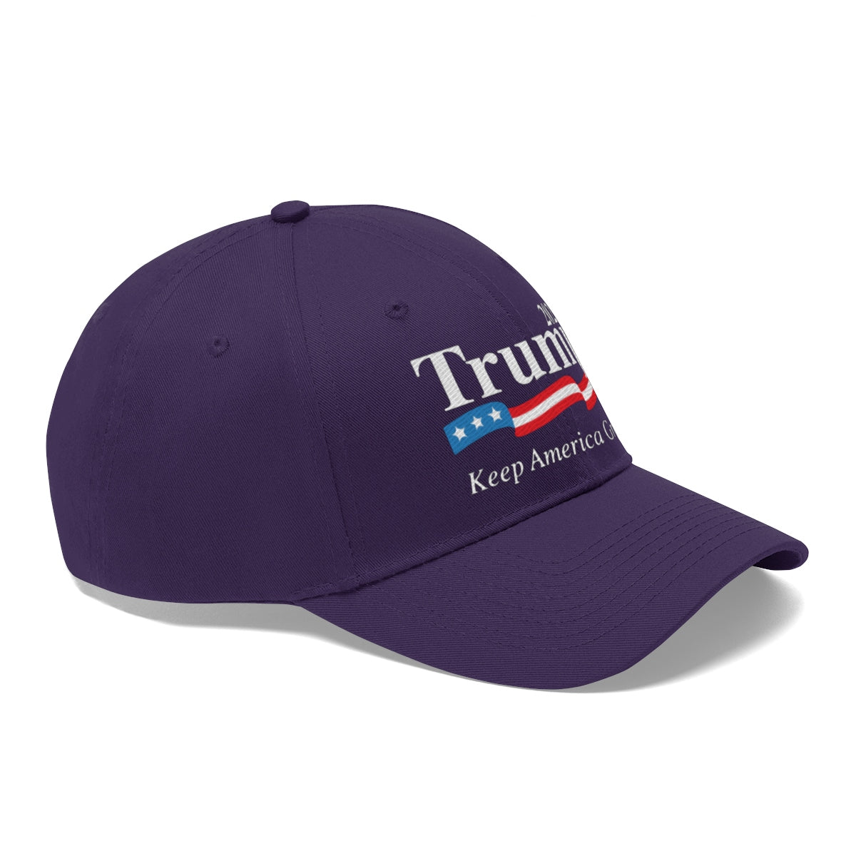 Trump 2020 Keep America Great Twill Cap in purple with patriotic design and bold lettering.
