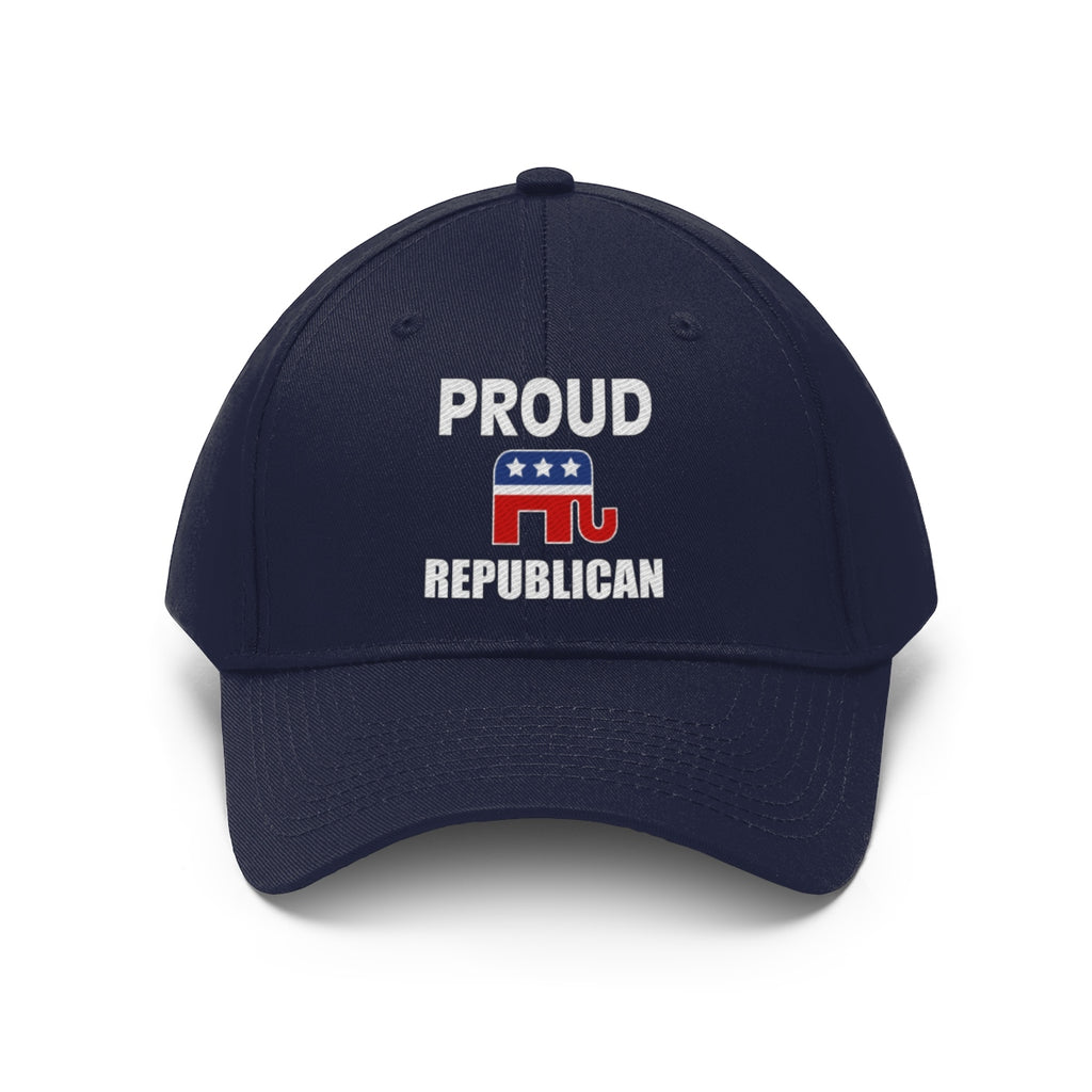 Classic Proud Republican Twill Baseball Cap featuring embroidered text and an elephant logo.