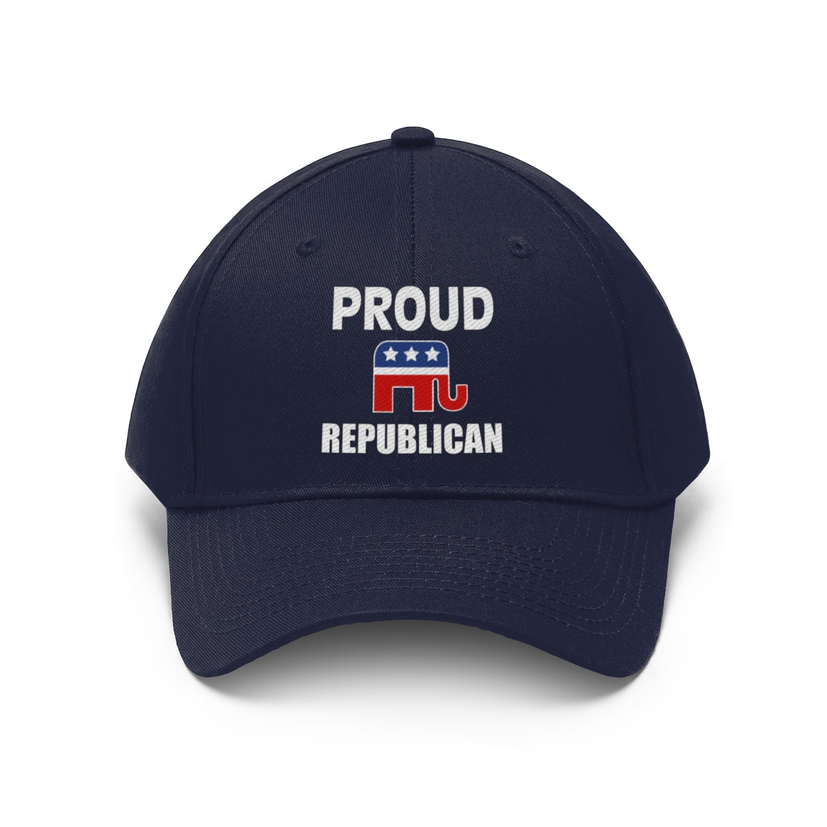 Classic Proud Republican Twill Baseball Cap featuring embroidered text and an elephant logo.