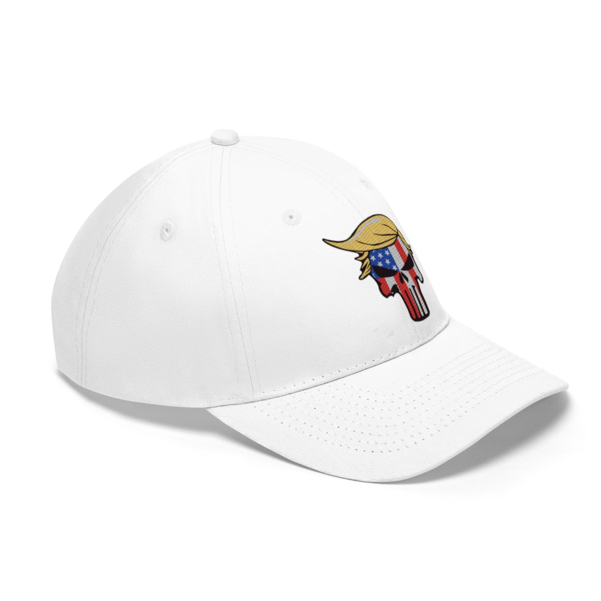 Classic Punisher Twill Cap with Trump Design featuring a unique embroidered logo on a white background.