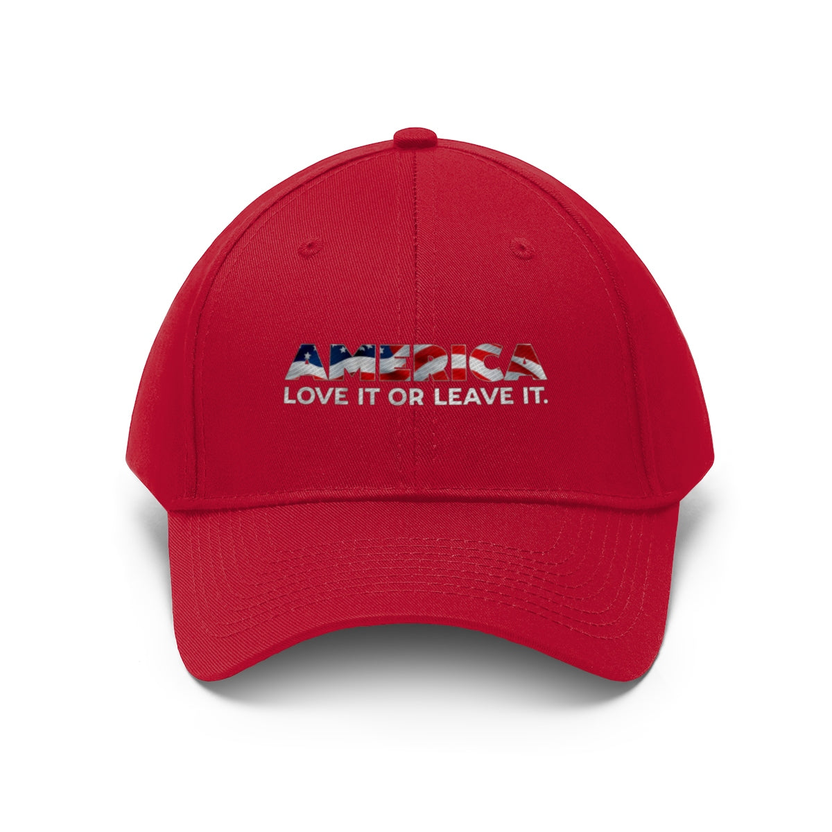 America Love It Or Leave It Twill Baseball Cap in red with patriotic design on front.