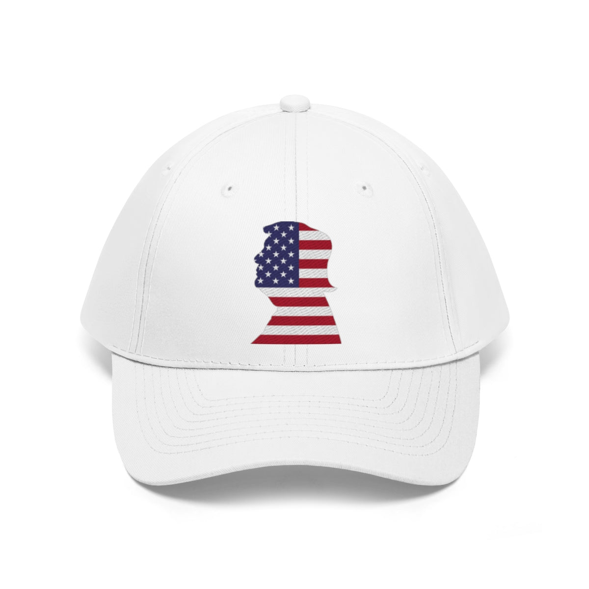 Trump American Flag SilhouetteTwill Cap featuring a bold profile of a silhouette filled with the American flag.