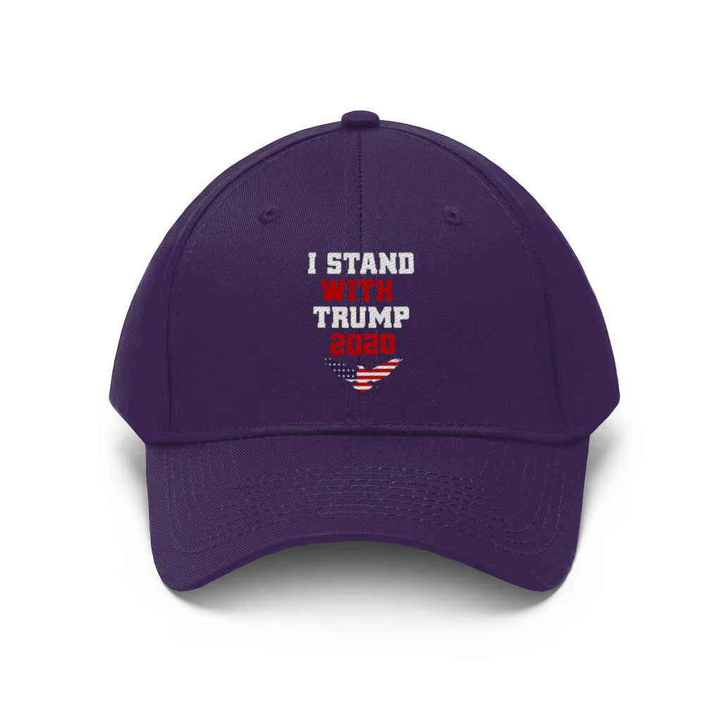 I Stand With Trump 2020 Twill Cap featuring a bold political message on a purple cap.