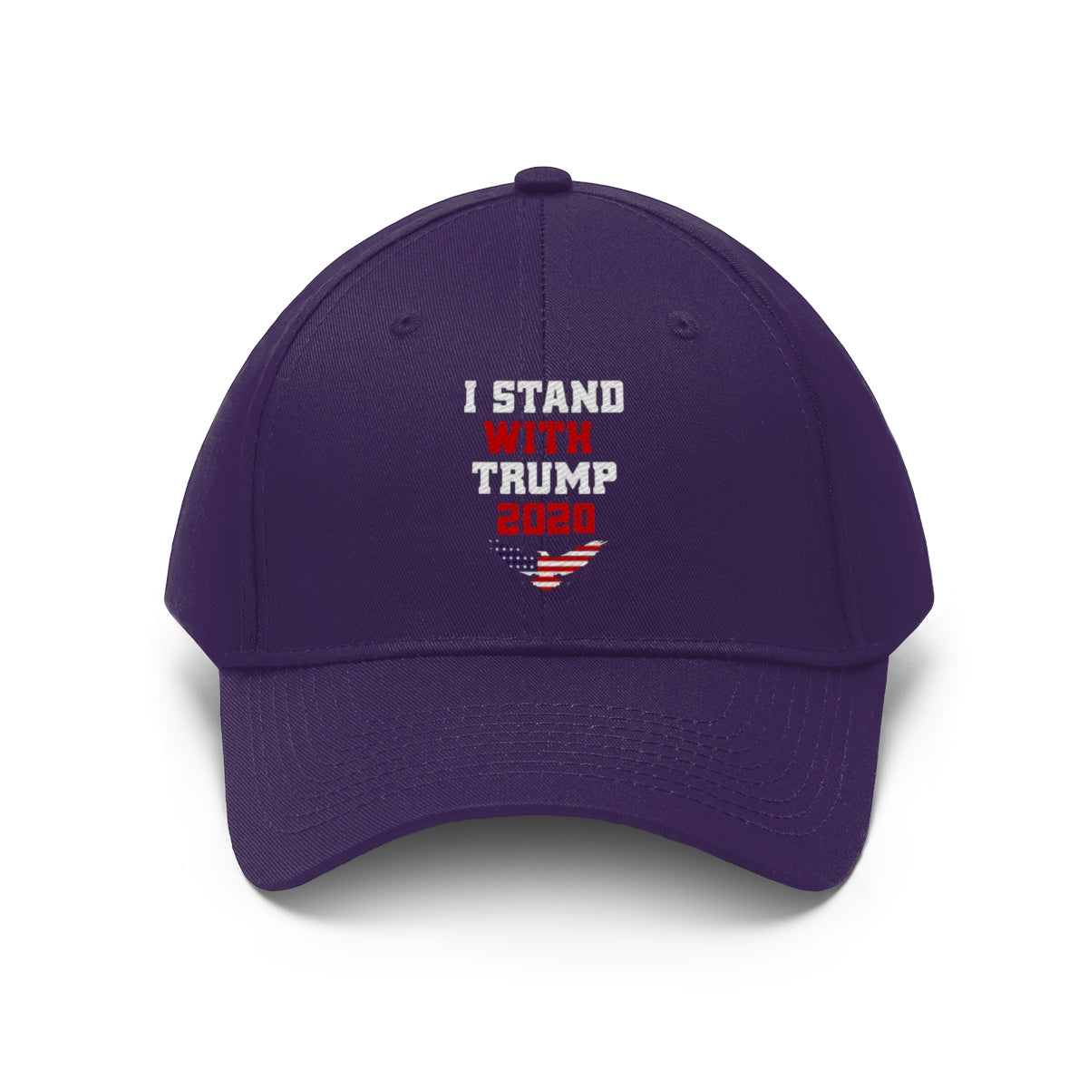 I Stand With Trump 2020 Twill Cap featuring a bold political message on a purple cap.