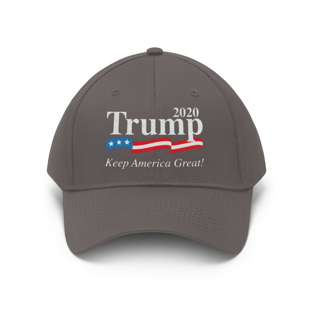 Trump 2020 Keep America Great Twill Cap featuring patriotic design and bold lettering.