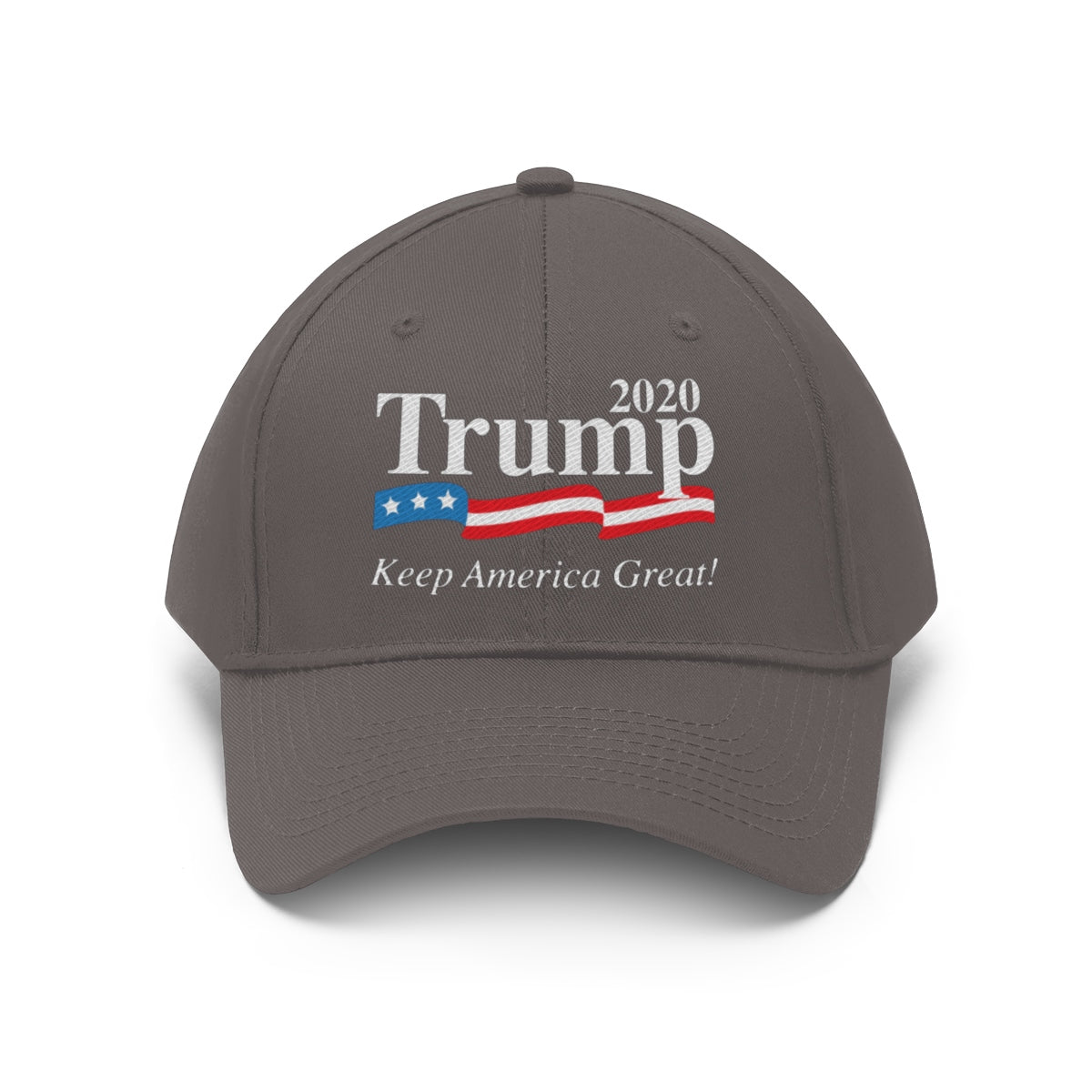 Trump 2020 Keep America Great Twill Cap featuring patriotic design and bold lettering.