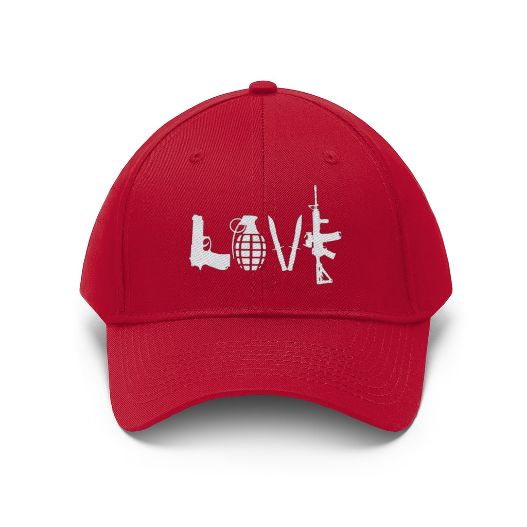 Love Combat Inspired Street Style Twill Cap featuring a bold design of weapons and symbols on a red background.