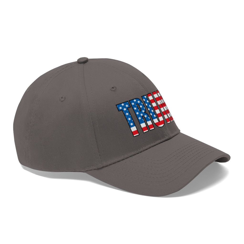 American Flag Twill Cap Patriotic Trump Classic Cap featuring a gray dad hat with 'TRUMP' in stars and stripes design.